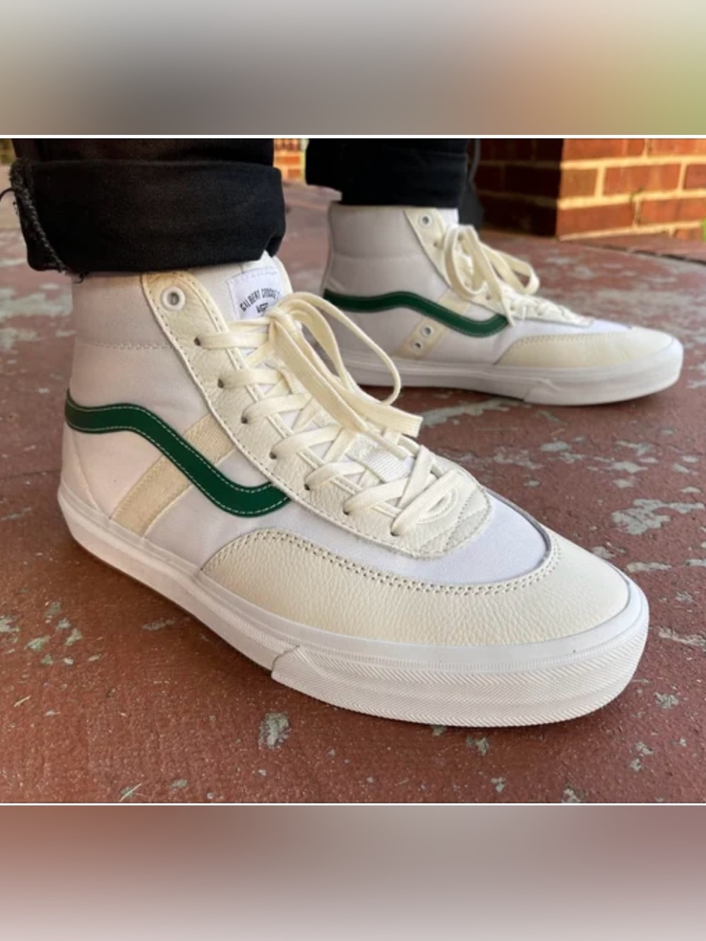 Vans: Gilbert Crockett High-Top Sneakers in Cream with Green Stripe size 11.5